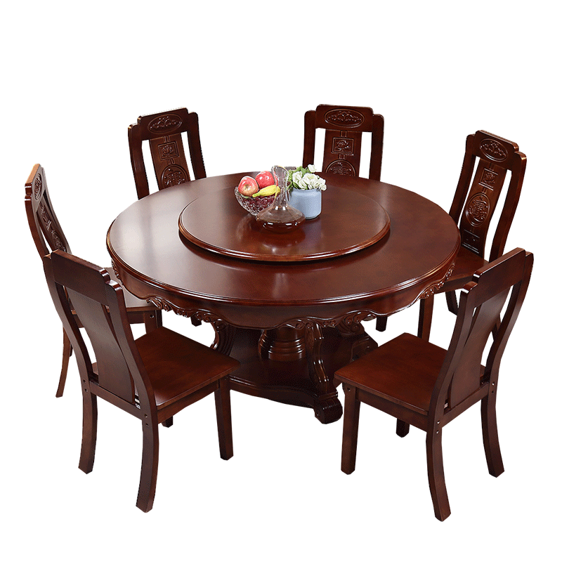 美景(MEIJING)实木餐桌椅组合中式仿古雕花圆形饭桌 1.3米一桌六椅(送转盘)