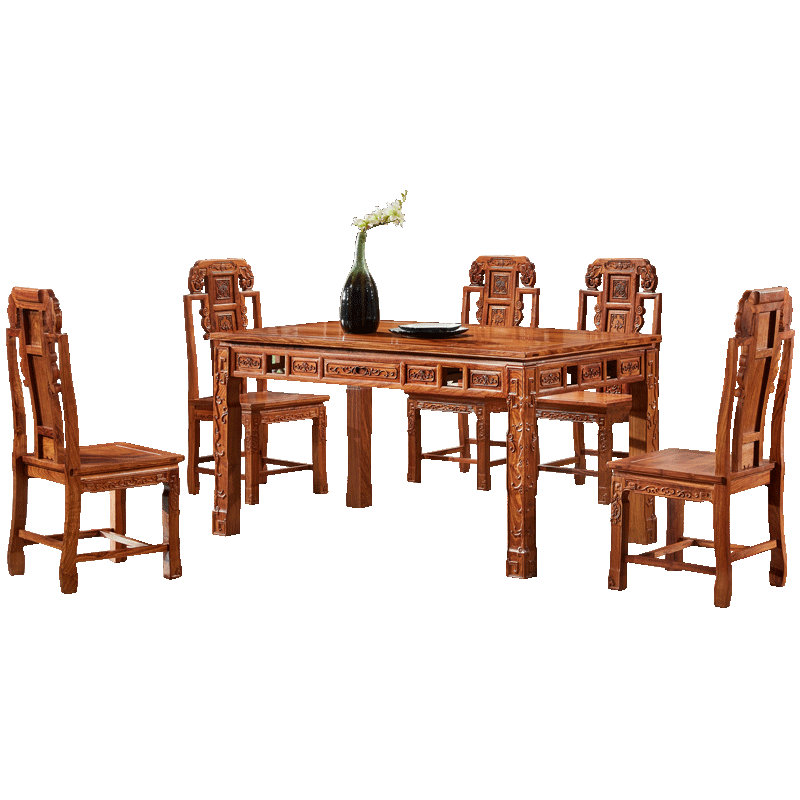 皇印 红木家具非洲花梨(学名:刺猬紫檀)餐桌椅组合长方形实木餐桌椅大小户型饭桌椅2602 餐桌1.48米+6椅