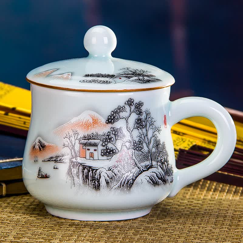 水杯杯子带盖景德镇办公杯骨瓷茶具山水中式仿古复古 瑞雪雄风320毫升