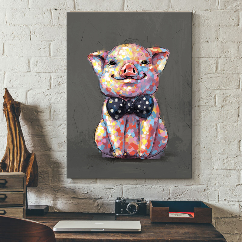 视觉星原创卡通动物客厅装饰挂画抽象油画风格壁画 小猪 40x50