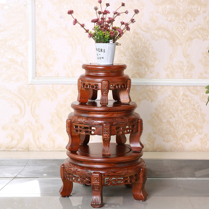 衡越 实木花架客厅小鱼缸架盆景架室内榆木质圆形底座中式奇石架整装