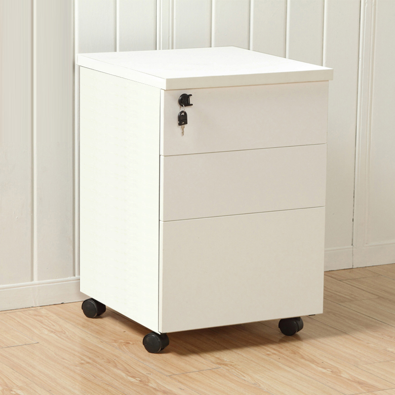 储物矮柜 推拉抽屉柜 资料柜 办公柜 带锁三抽柜 带轮小推柜 白色(5个