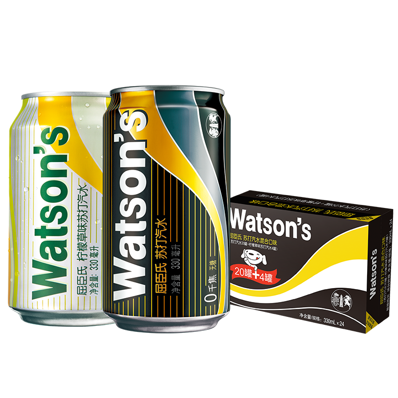 屈臣氏（Watsons）苏打水混合系列（原味黑罐20罐+柠檬草味4罐）调酒推荐 330ml*24罐 整箱装