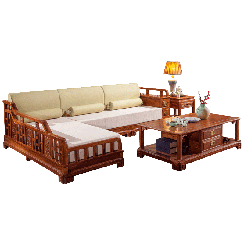 一舍 红木家具非洲花梨(学名:刺猬紫檀)实木贵妃位沙发组合 新中式客厅小户型沙发仿古高档布艺沙发 单个茶几