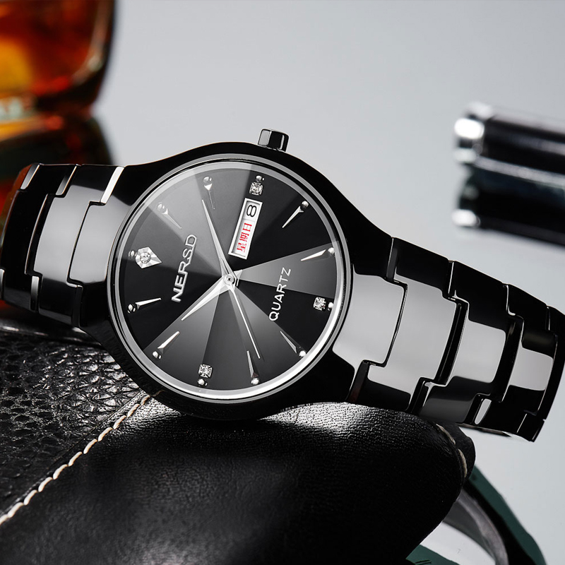 手表一对表防水夜光时尚商务休闲韩版女表石英机械 8052男双日历黑色