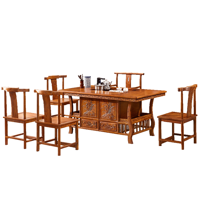 皇印 红木家具非洲花梨(学名刺猬紫檀)茶桌椅组合实木茶几桌功夫茶台茶桌椅组合 2107 1桌1主4祥云椅