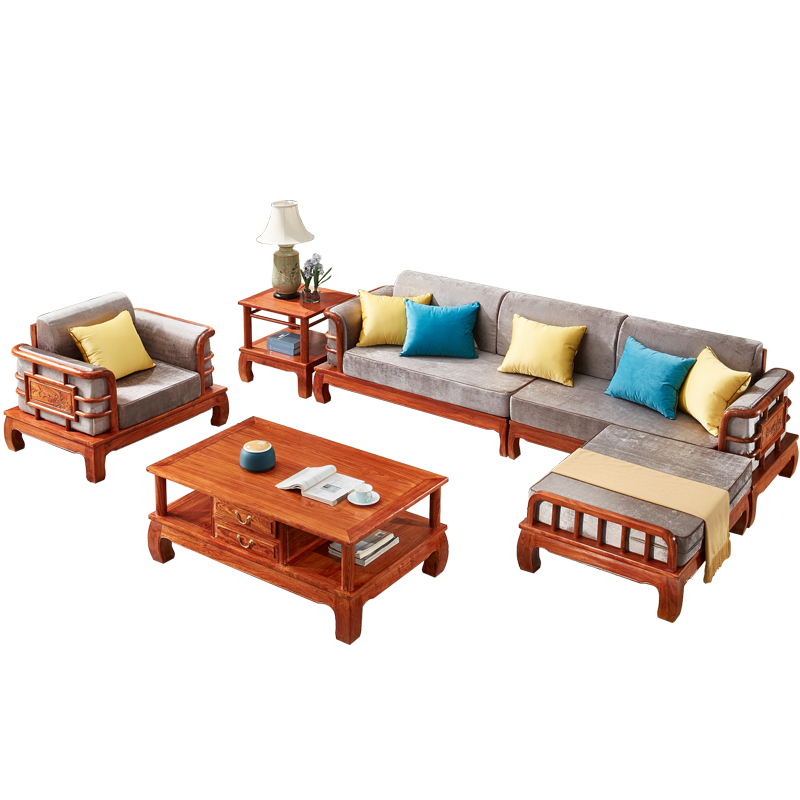 皇印 红木家具非洲花梨(学名:刺猬紫檀)沙发实木新中式沙发客厅家具组合贵妃沙发2380 单人+2双人+脚踏+茶几+方几