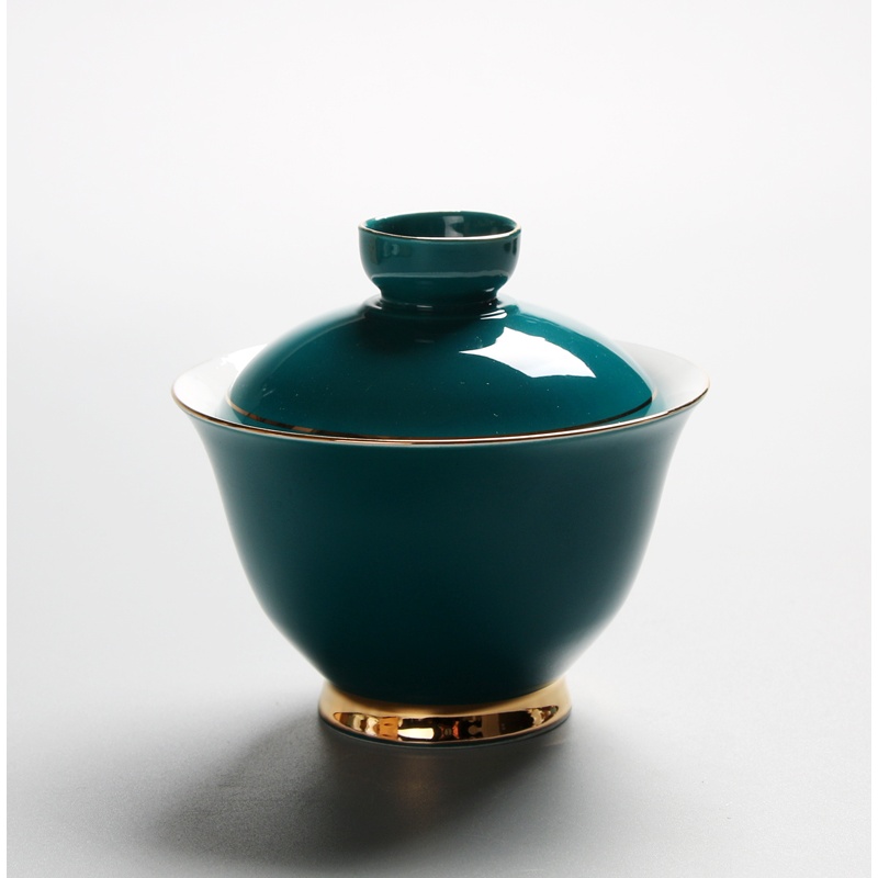 翼荏手工镶金大肚容盖碗 甜白三才盖碗 青釉陶瓷茶具大号泡茶碗 橄榄