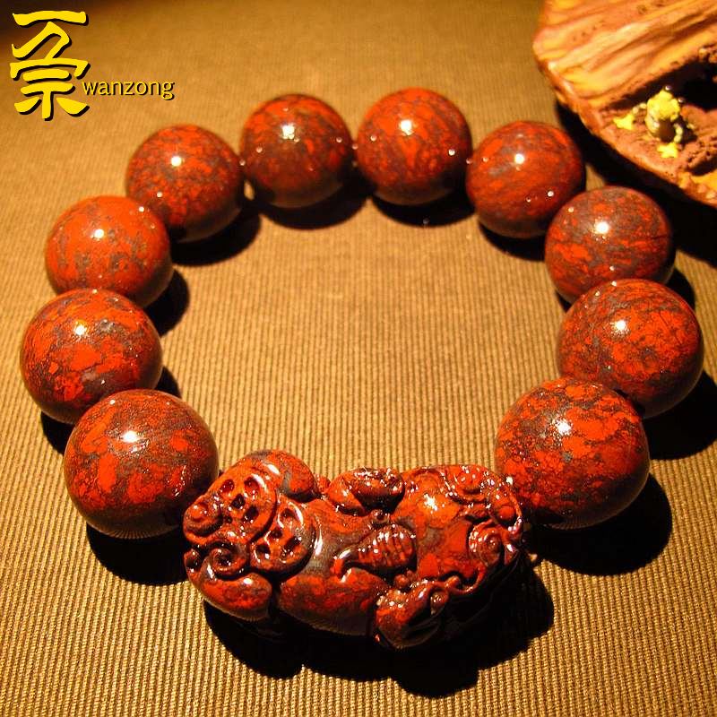 万宗 半红血级18mm天然广西桂林鸡血石貔貅手链男鸡血玉石手串佛珠