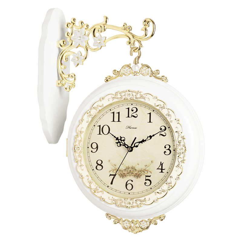 漢時(shí)（Hense）雙面掛鐘歐式輕奢客廳裝飾靜音時(shí)鐘家用創(chuàng)意掛墻兩面鐘表HDS02 白色(歐式輕奢)