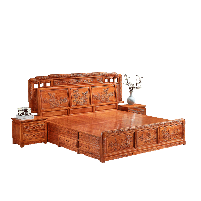 皇印 红木家具非洲花梨(学名刺猬紫檀)实木床现代中式卧室家具大婚1.8米双人床 2713 国色天香床
