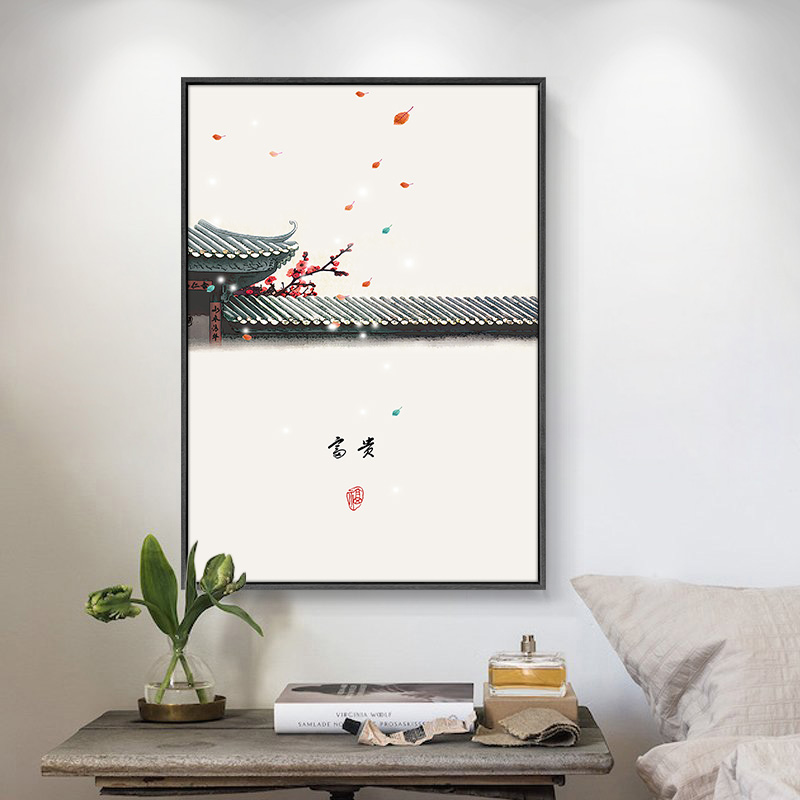 新中式客厅沙发后墙面装饰画江南水乡民俗水墨建筑灯笼壁画大气中国风