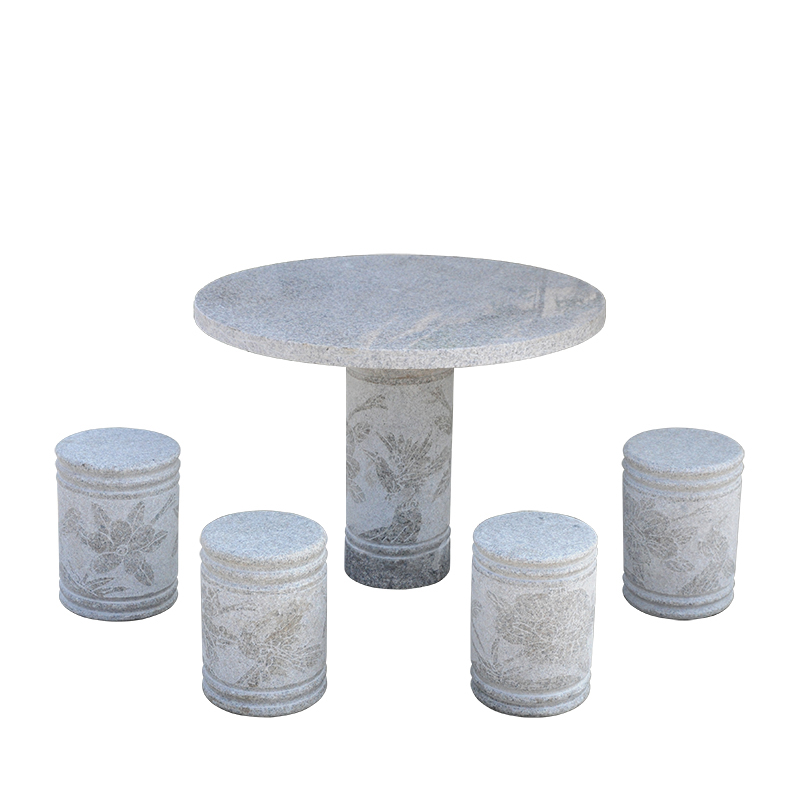 欧芳庭雕花竹节石桌椅 凉亭花园庭院圆形花岗岩大理石石桌圆桌圆台石凳石椅圆凳 别墅桌椅 石头桌子 户外 一桌四凳【桌面直径80CM]