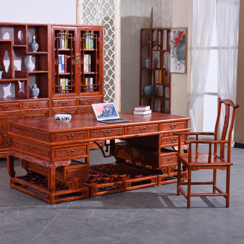 中式写字台花鸟书桌画案书法书画桌大班台办公桌 2米大祥云配官帽椅