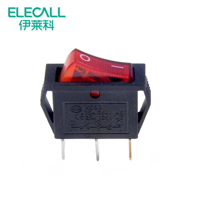 伊莱科(elecall)5只装船型开关 红黑电源开关3脚带灯 15a kcd3-102/n