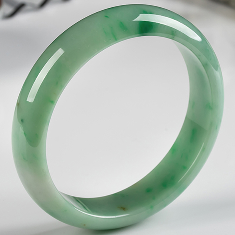 玉荔缘 油绿飘花玉手镯 天然翡翠a货女士玉镯子玉石玉器带证书 53mm