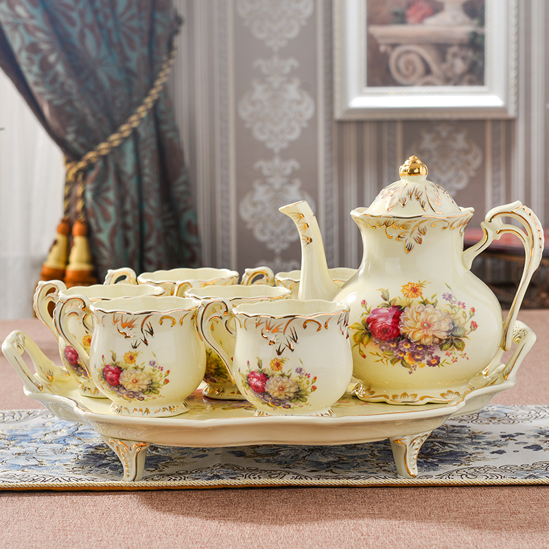 友来福 咖啡具套装 欧式茶具咖啡套具 陶瓷咖啡杯套装下午茶茶具 带托盘 8头花海