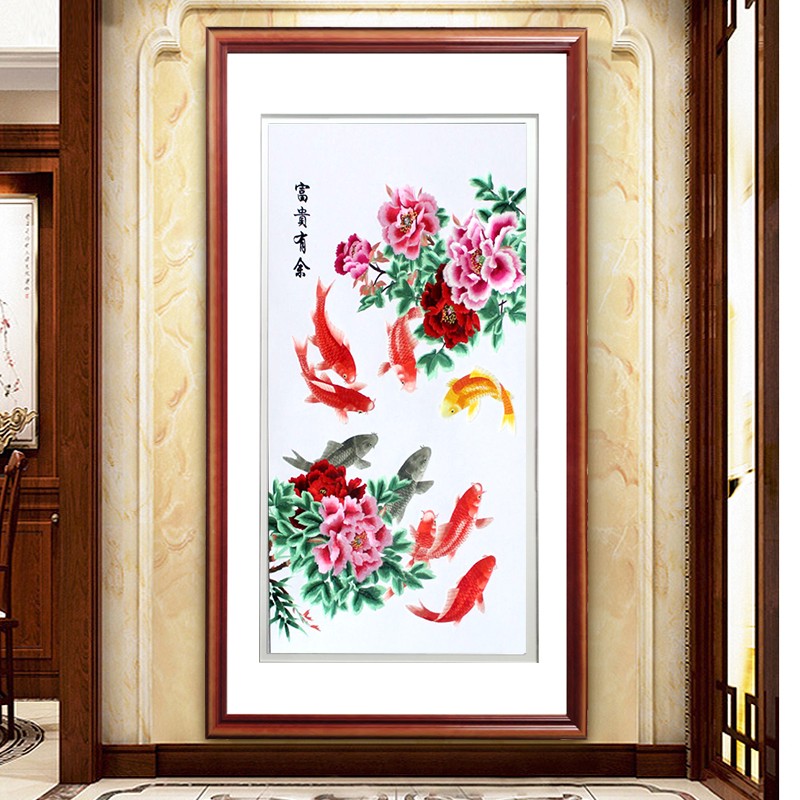 花开富贵一 实木框:60*115厘米(深红窄框)