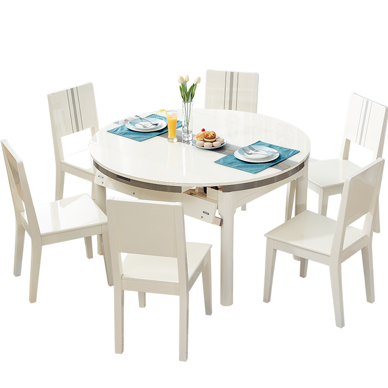 全友 餐桌现代简约可伸缩变化圆形餐桌椅组合  大小户型适用实木框架钢化玻璃台面餐桌椅桌子122718 一桌六椅