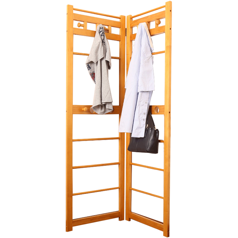 越茂 转角实木衣帽架 转角挂衣架带鞋架置物架 落地墙角折叠衣架 咖啡色