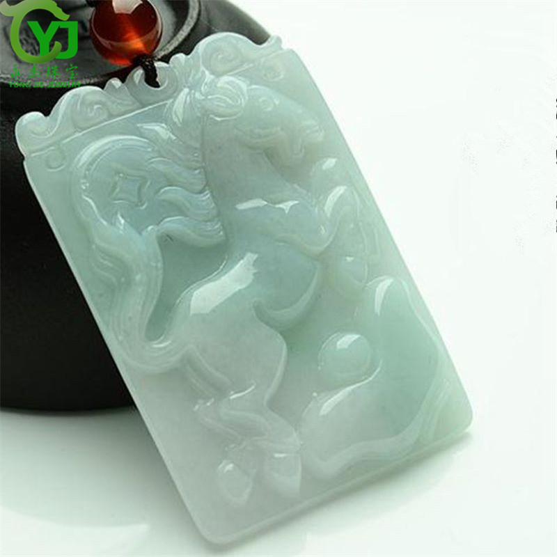 永杰珠宝 生肖马玉牌吊坠 翡翠A货长方形马玉佩挂件 男女款 礼物带证书