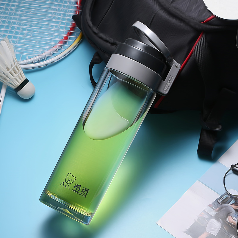 希诺便携水杯 塑料带盖学生杯子 创意时尚男女运动户外杯 深灰-385ml