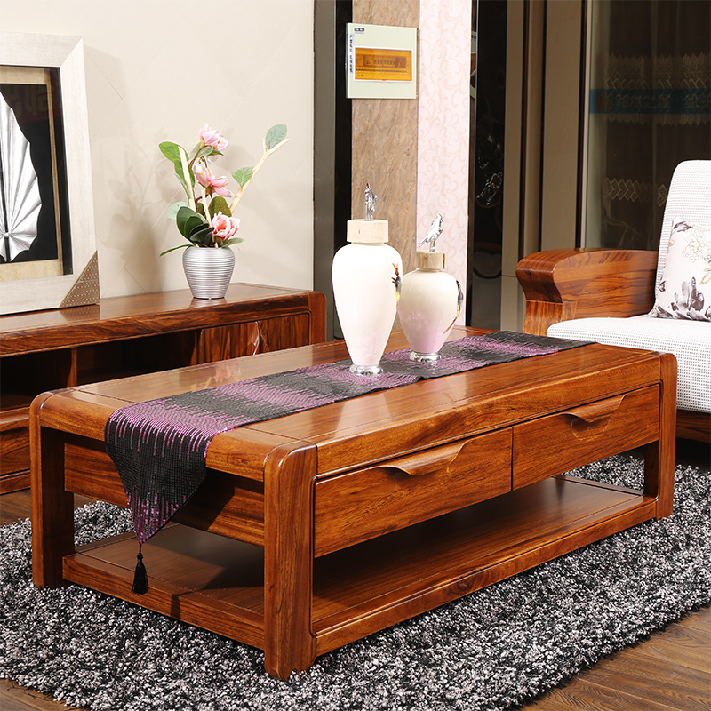 ailvju 中式全实木茶几乌金木客厅长茶几仿古双层储物茶桌实木家具 乌