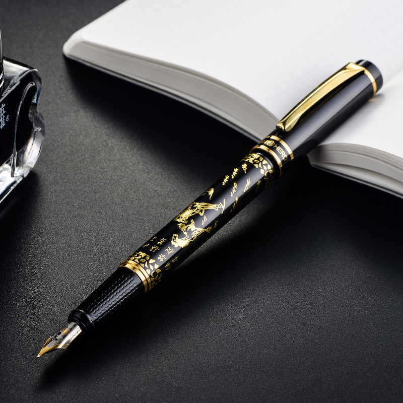 英雄(hero)钢笔黑色铱金八骏图钢笔墨水笔明尖 9063