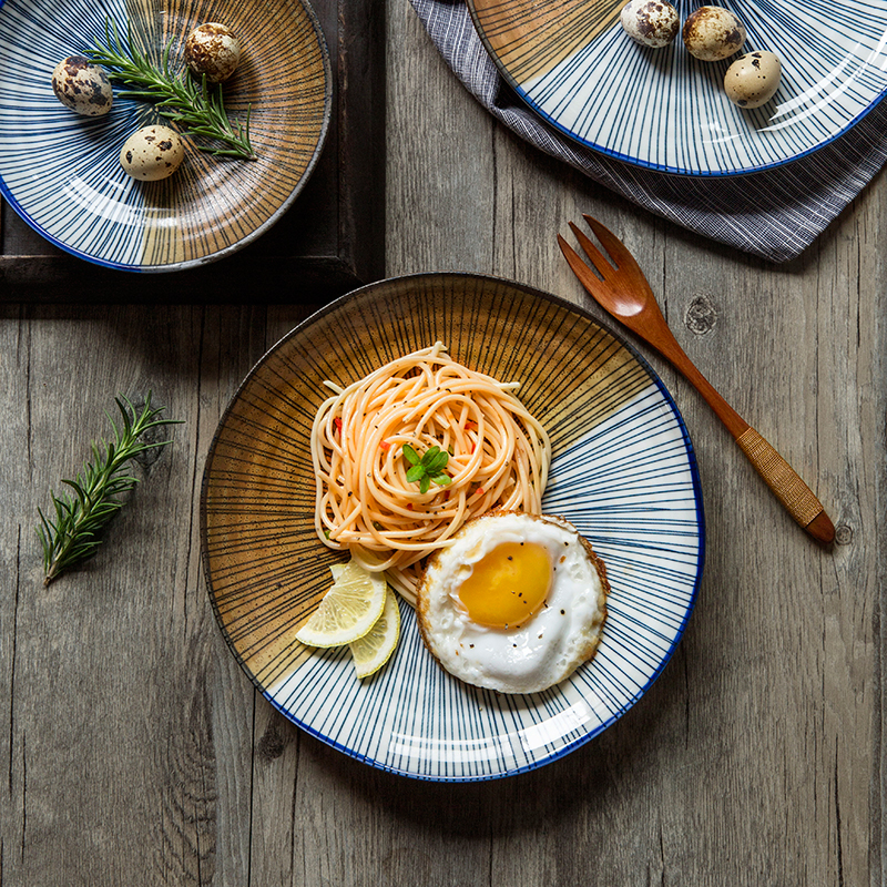 创意日式双面蓝线纹陶瓷盘 家用个性餐盘 菜盘 牛排盘 西餐盘 早餐盘子 9英寸盘