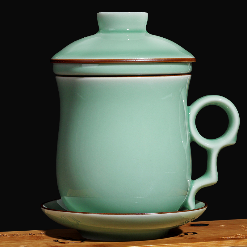 苗苗红龙泉青瓷茶杯陶瓷高档茶水分离办公送领导老公生日春节新年礼物 款1梅子青静心