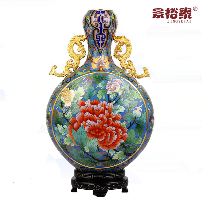 景裕泰 15寸传统工艺景泰蓝花瓶牡丹花玉壶瓶铜胎掐丝珐琅外事商务