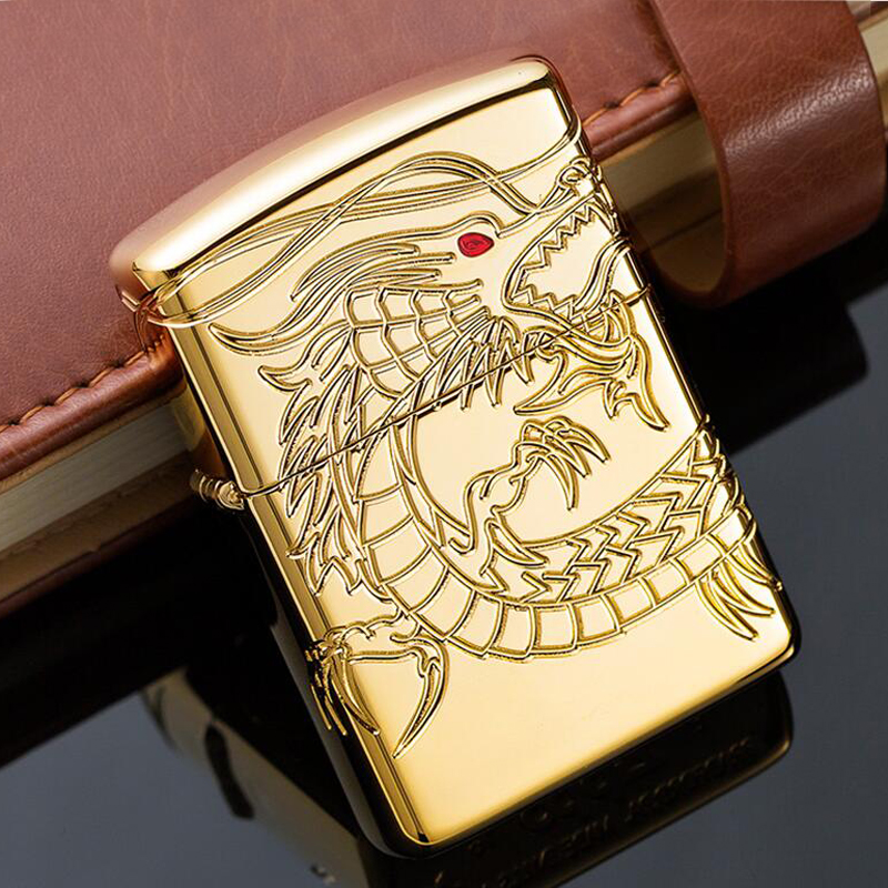 zippo之宝防风打火机镀金加厚盔甲四面环绕深雕红宝石中国龙29265礼物