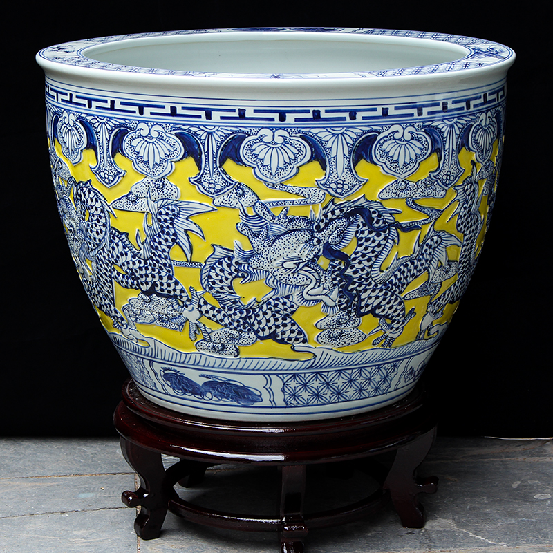 厚古薄今景德镇陶瓷大缸睡莲荷花鱼缸雕刻龙大号客厅酒店庭院缸 黄色