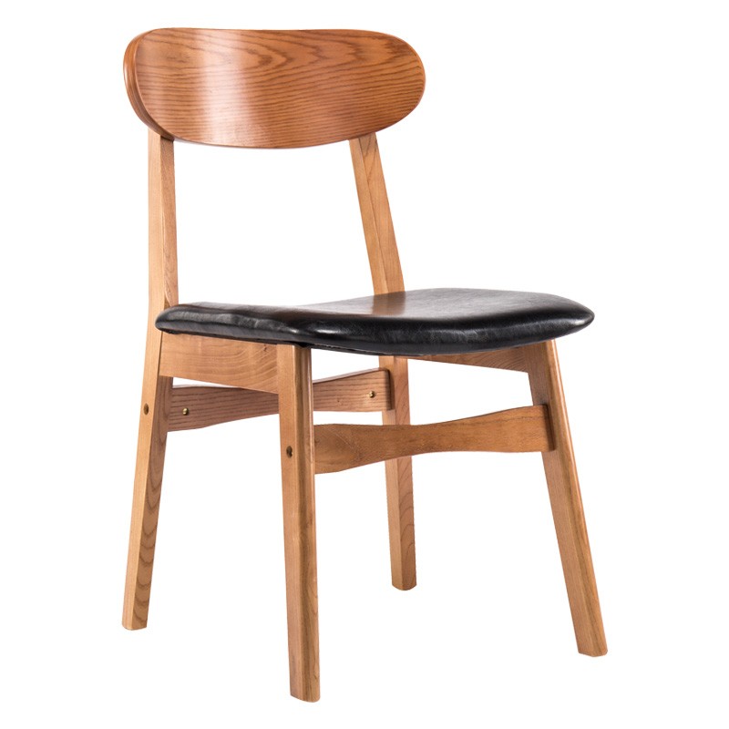杰尼特 实木餐椅子北欧休闲椅咖啡厅椅子餐厅靠背椅现代简约皮椅 黑色PU皮/本架