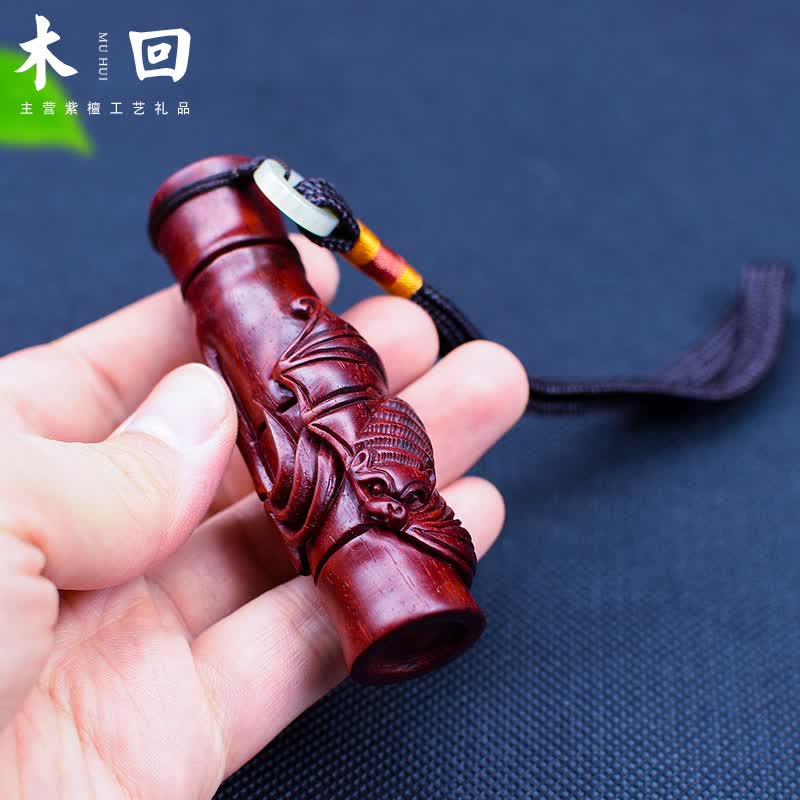 木回 小叶紫檀木雕节节高升祝福文玩雕刻手把件 老料手工竹节蝙蝠工艺