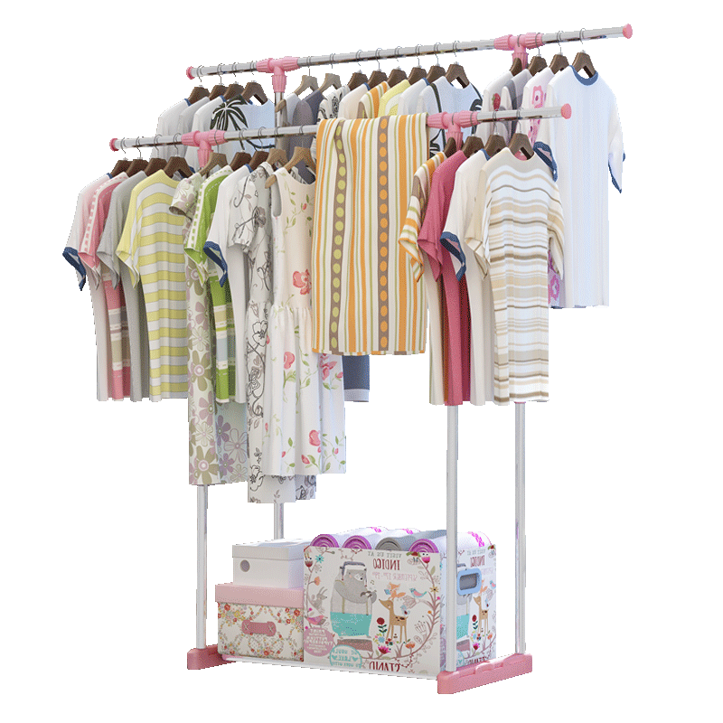 小媳妇 晾衣架落地折叠防锈双杆式室内晾晒架阳台 防锈管晒被子架 粉色 宽高可伸缩【宽142高157cm】