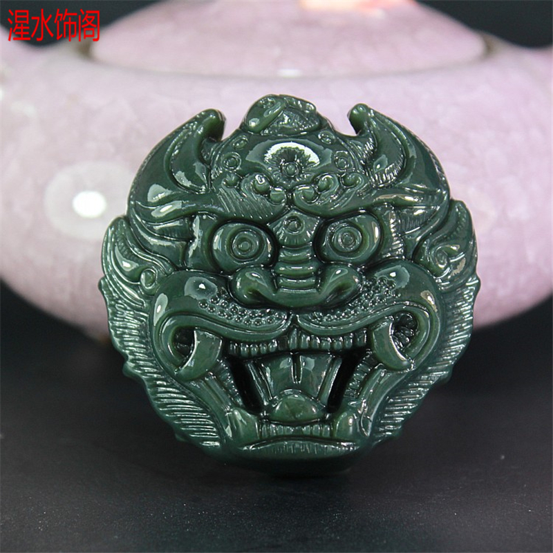 湦水饰阁         和田玉青玉兽头皮带扣男士腰饰挂件腰带扣