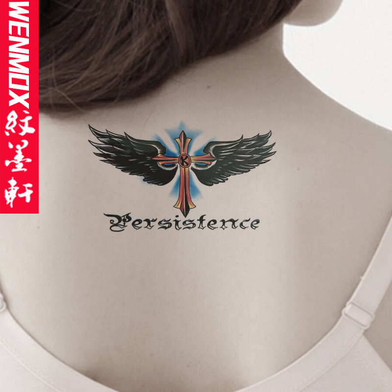 后背仿真防水假刺青日常外出旅行写真潮流遮疤图腾 翅膀十字架纹身贴