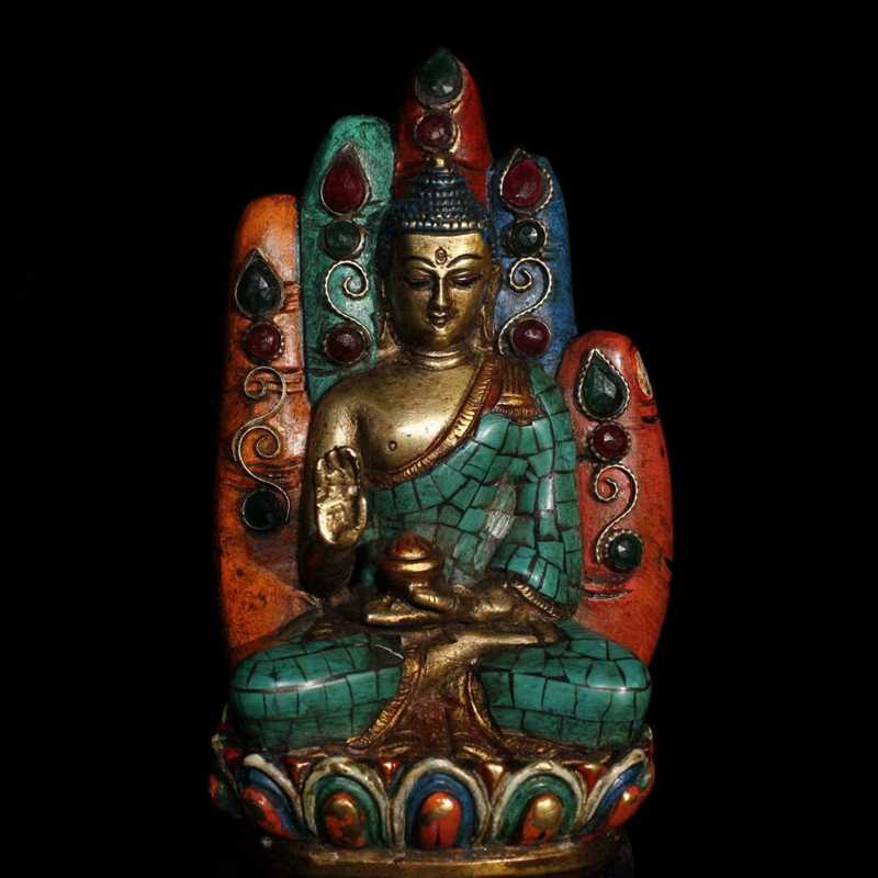 铜人艺巷尼泊尔工艺黄铜彩绘佛手释迦摩尼摆件释迦摩尼佛像家居装饰
