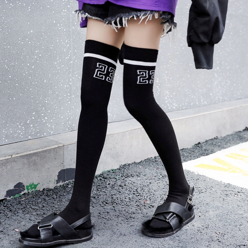 潮牌数字23棉纯过膝长筒袜女日系硅胶防滑学生高筒袜 23号过膝黑色