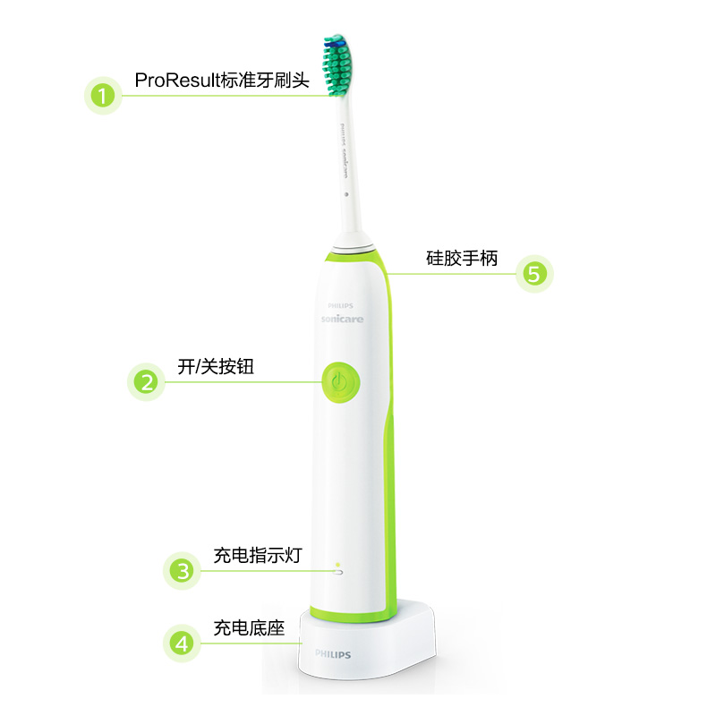 飞利浦电动牙刷成人 情侣款 全自动可充电式 基础洁净型 绿色 HX3216/31（新老包装随机发货）
