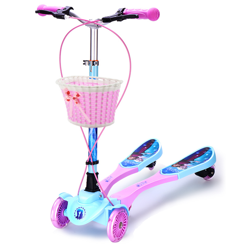 迪士尼(Disney) 滑板车儿童 紫色冰雪一键折叠可调升降双手刹四轮全闪蛙式扭扭脚踏滑步车摇摆蛙式车
