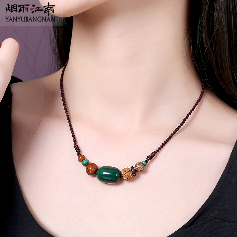 烟雨江南 民族风项链女短锁骨链复古菩提玛瑙配饰简约夏季饰品 标准长度45cm