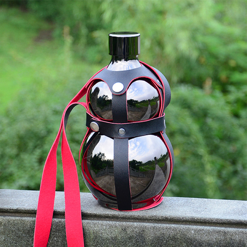 asi)不锈钢葫芦酒壶 户外便携式水壶随身带壶套酒壶大容量葫芦水瓶