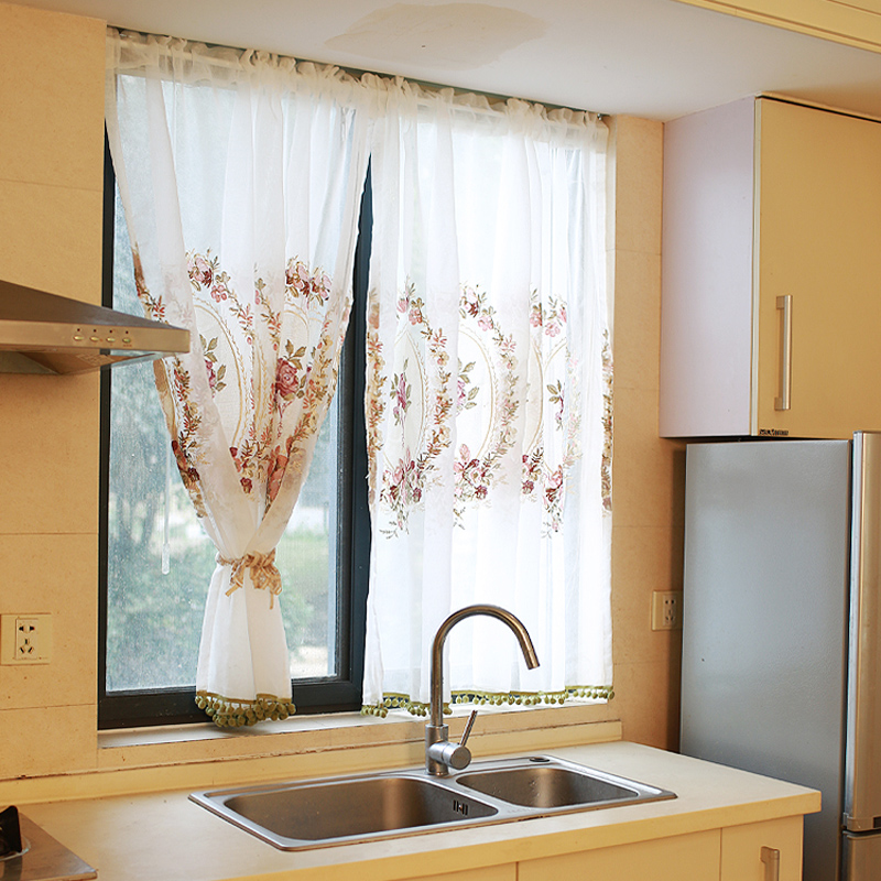 熊啾啾免打孔刺绣玫瑰门帘半帘厨房窗帘白纱咖啡帘欧式橱帘遮挡帘纱帘