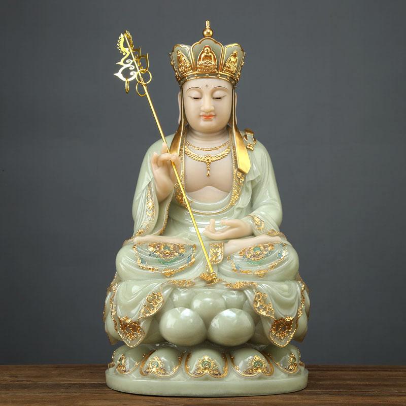 圆通汉白玉镶金四巾地藏王菩萨佛像家用供奉摆件娑婆三圣九华山大愿