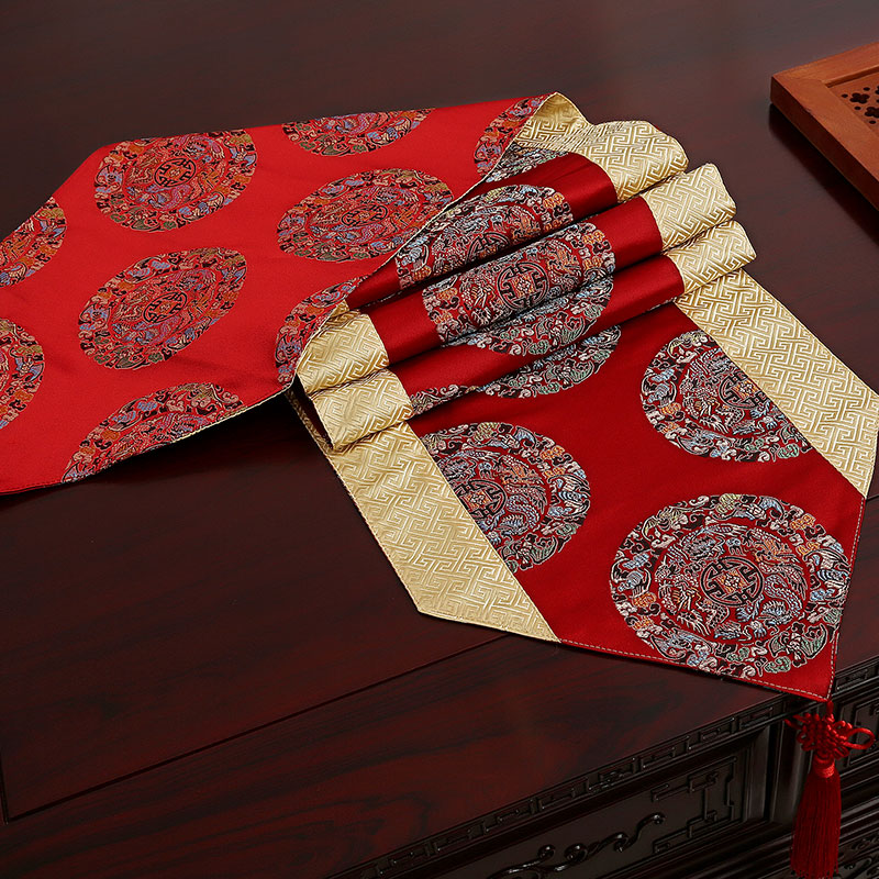 凯比特中式桌旗古典中国风现代红木茶几旗布复古实木禅意桌旗布双面 红五龙团桌旗 33*210cm