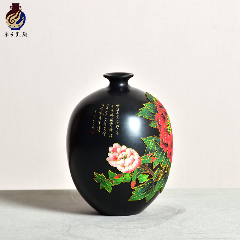 华夏记忆非遗山东龙山章丘黑陶牡丹小罐花瓶手工陶瓷摆件工艺品礼品