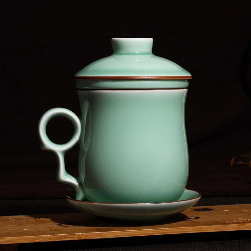 苗苗红龙泉青瓷茶杯陶瓷高档茶水分离办公送领导老公生日春节新年礼物 款1梅子青静心