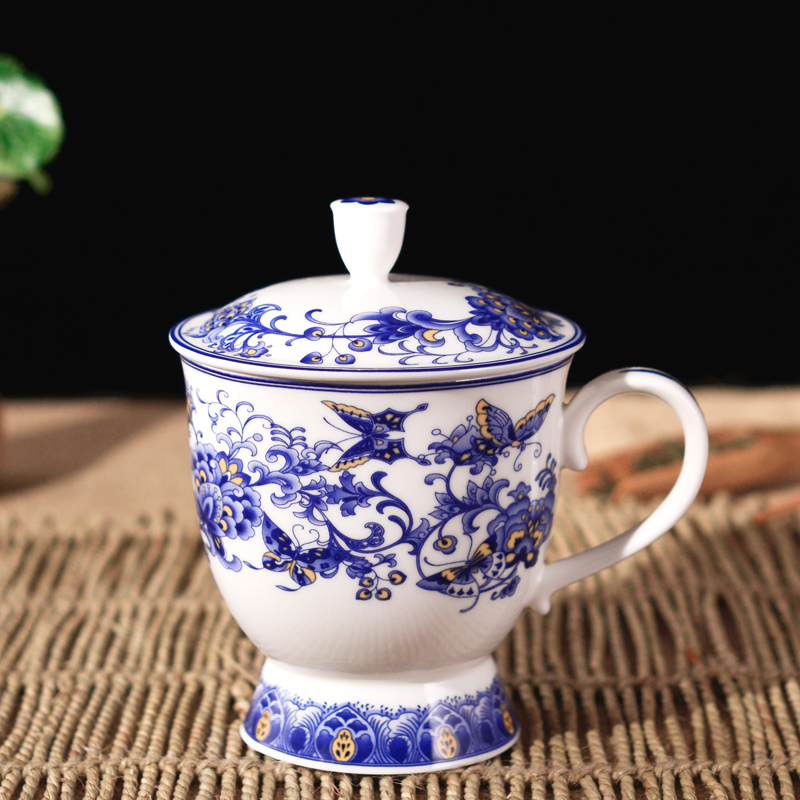 瓷博 景德镇陶瓷茶杯女士小巧带盖水杯青花瓷会议礼品办公杯子